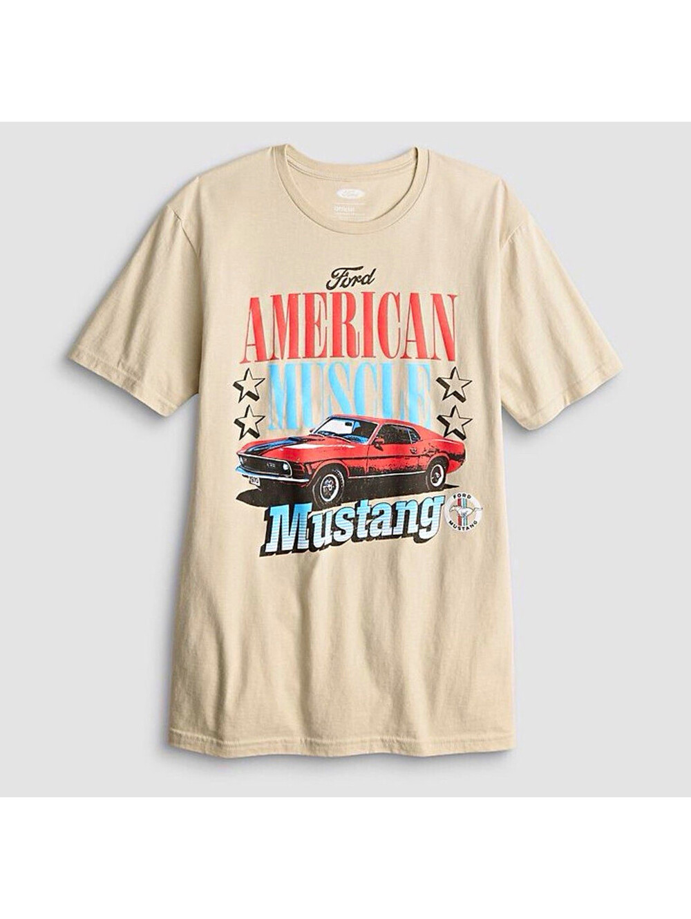 Ford Mustang Men’s Large Beige Graphic Crew Neck Short Sleeve Cotton  T-Shirt